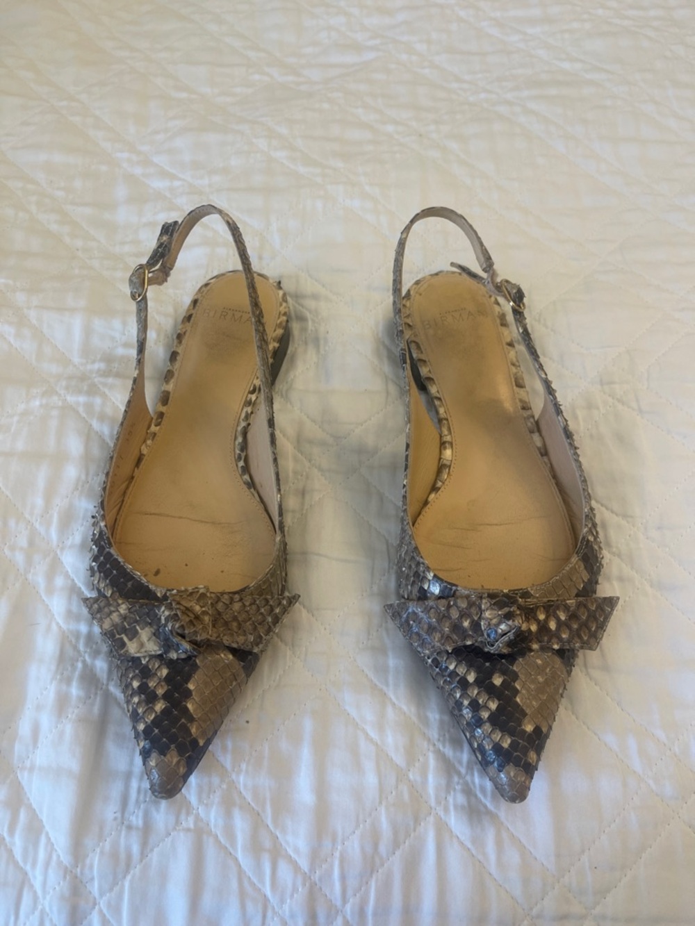 Alexandre Birman Taupe Snake-Print Pointed Slingback Flats with Bow